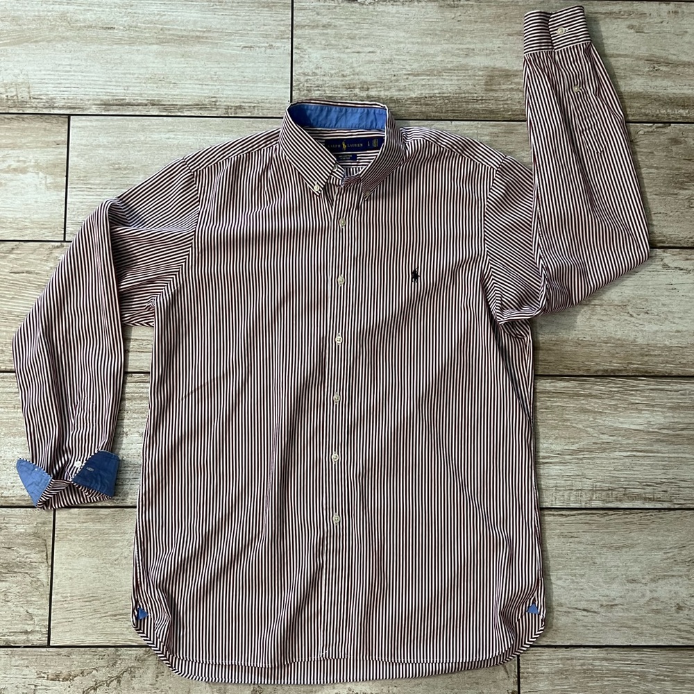 Ralph Lauren Blue Gold Label Red Burgundy Striped Long Sleeve Large Shirt Button